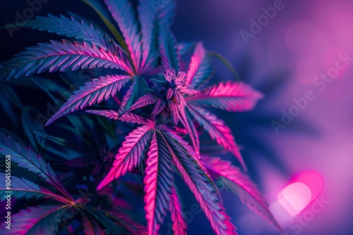 Neon Cannabis Plant with Magenta and Blue Color Theme on Dark Background