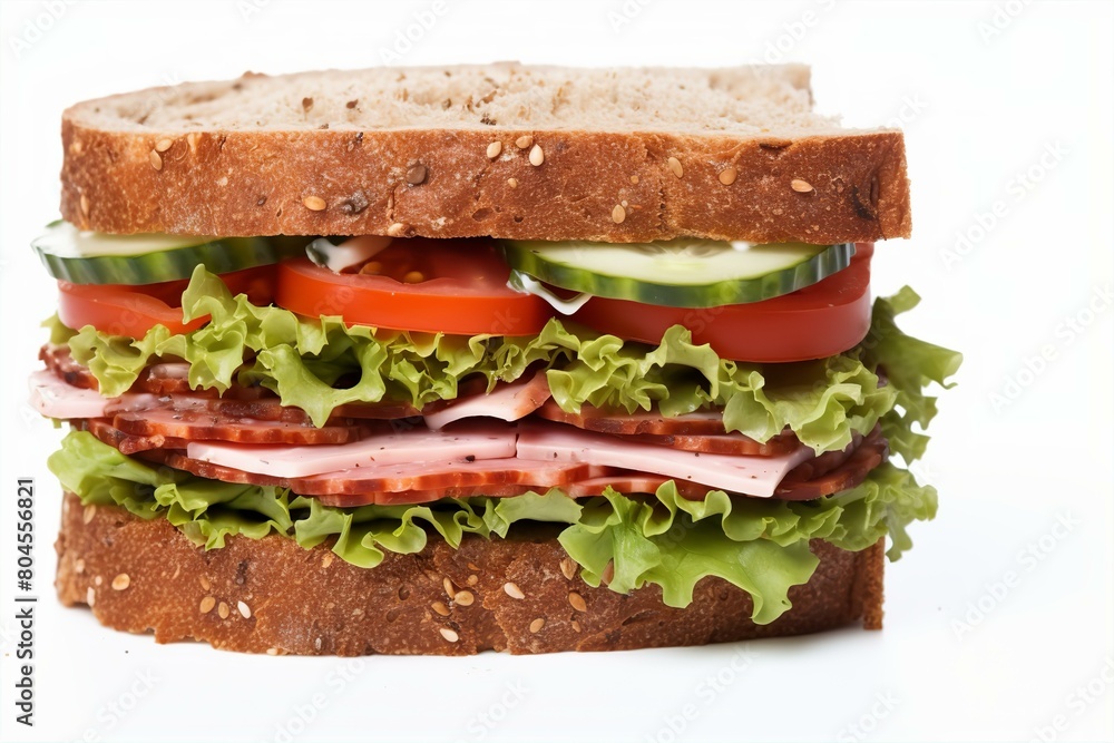 A close-up, appetizing whole grain sandwich, loaded with ham, salami, fresh lettuce, tomato, and cucumber slices. A close-up, appetizing whole grain sandwich, loaded with ham, salami, fresh lettuce, tomato, and cucumber slices.