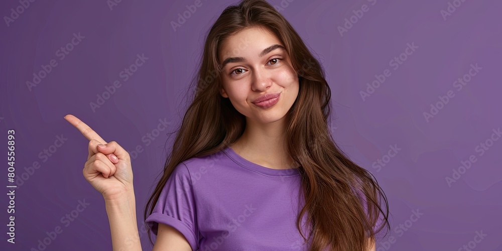 Close-up portrait of a happy young woman with long brown hair in a purple t-shirt pointing her finger to the side isolated over a violet background, studio shot, hyper realistic. Close-up portrait of a happy young woman with long brown hair in a purple t-shirt pointing her finger to the side isolated over a violet background, studio shot, hyper realistic.