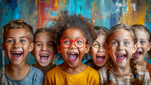 Portrait of a group of children with funny expressions on colorful background