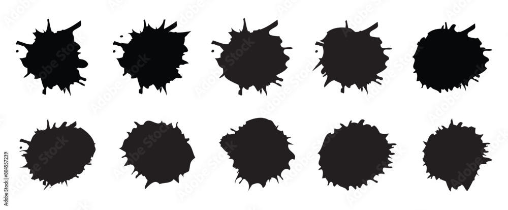 Ink drops and splashes. Blotter spots, liquid paint drip drop splash and ink splatter. Artistic dirty grunge abstract spot vector set. Illustration monochrome drip splash, splat messy inkblot Ink drops and splashes. Blotter spots, liquid paint drip drop splash and ink splatter. Artistic dirty grunge abstract spot vector set. Illustration monochrome drip splash, splat messy inkblot
