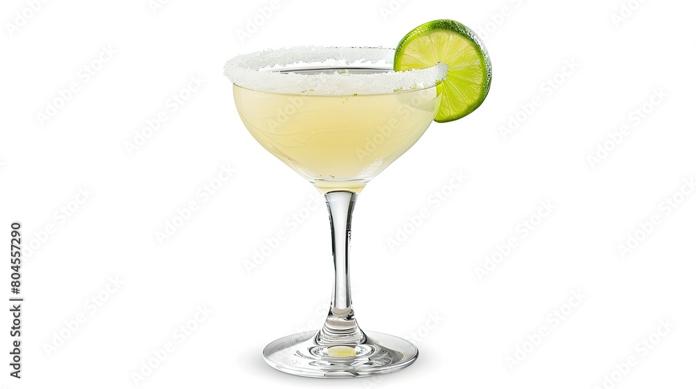 An enticing Tequila Margarita cocktail complete with a salty rim and a garnish of fresh lime served in a stylish pint glass against a pristine white backdrop An enticing Tequila Margarita cocktail complete with a salty rim and a garnish of fresh lime served in a stylish pint glass against a pristine white backdrop