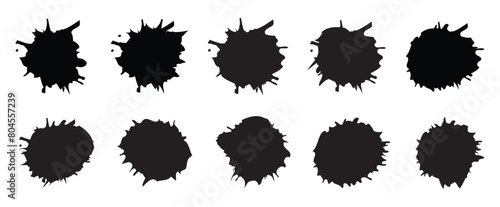Ink drops and splashes. Blotter spots, liquid paint drip drop splash and ink splatter. Artistic dirty grunge abstract spot vector set. Illustration monochrome drip splash, splat messy inkblot