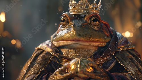 Dramatic lighting on a Frog Prince holding a golden ball, crown appearing on his head. Studio shot.