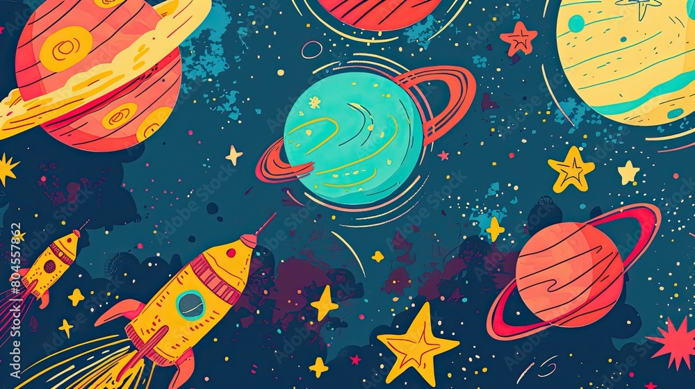 Children's drawing of space with rockets, stars and planets, bright colors, flat design. Children's drawing of space with rockets, stars and planets, bright colors, flat design.