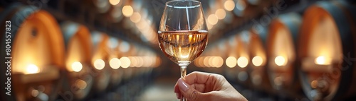 A hand holding a glass of white wine in a wine cellar. photo
