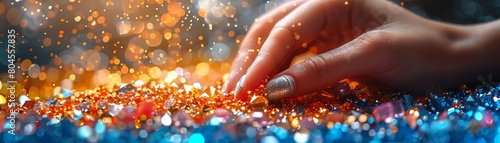 A hand picking up a handful of gems and glitter. photo