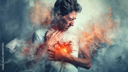 Man chest pain, Human heart disease, coronary artery disease, Leaky heart valve disease, enlarged heart disease, ischemic heart disease Arrhythmia. , healthcare and medical concept