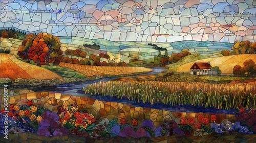 Mosaic of American nature, with cornfields and rivers, creating a Stained Glass Illusion
