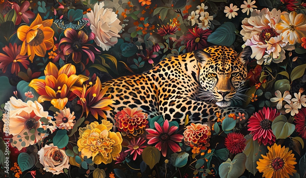Fototapeta premium Leopard surrounded by flowers