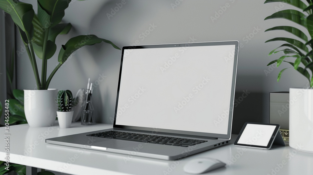 3D rendering of a laptop mockup with a blank screen, with a plant and mouse isolated over the background, in the style of various artists. - 3D rendering of a laptop mockup with a blank screen, with a plant and mouse isolated over the background, in the style of various artists. -