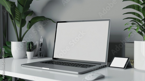 3D rendering of a laptop mockup with a blank screen, with a plant and mouse isolated over the background, in the style of various artists. - © Imran