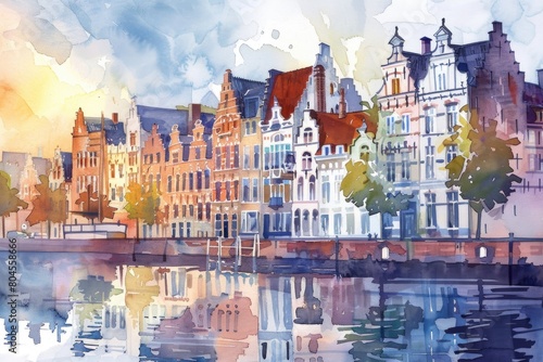 A beautiful watercolor painting of a city situated by the water. Perfect for travel or architecture projects photo