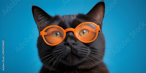 A cat wearing large glasses against a bright blue background