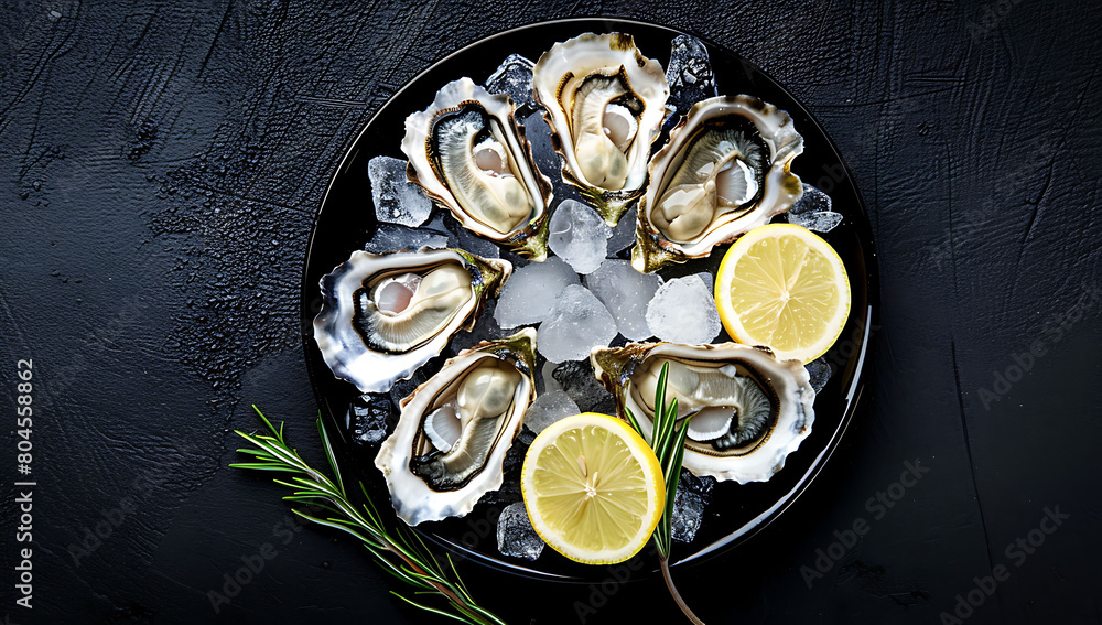 Plate of fresh oysters with lemon and rosemary on dark background. Plate of fresh oysters with lemon and rosemary on dark background.