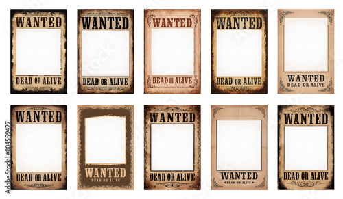 Set of 'Wanted Dead or Alive' vintage posters. Retro 1865 to 1900 time period wanted poster. Transparent background PNG cutout. With subtle aged texture in the hole for when face is added. photo