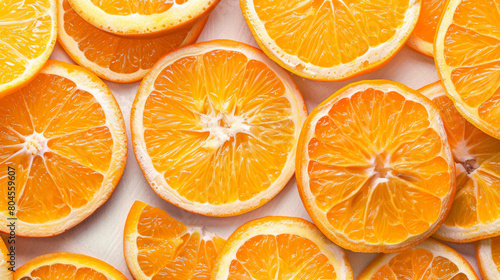 Orange Slices texture background, orange fruit cut into slices, fresh juicy oranges background, top view, flat lay photo