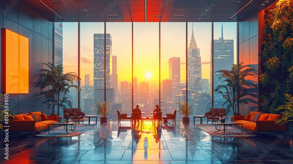 Modern Office Lounge Overlooking Urban Sunset