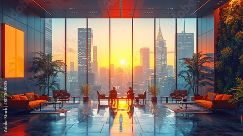 Modern Office Lounge Overlooking Urban Sunset