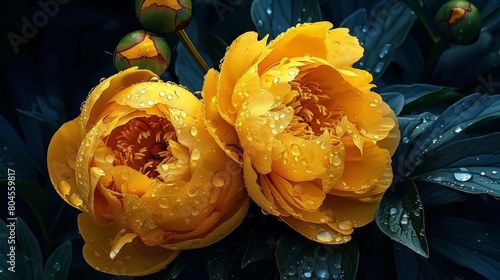 Yellow Peonies on Dark Background with Dewdrops © DVS