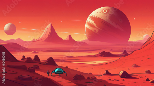 Stunning digital art of a surreal alien landscape with towering mountains under a large red planet  evoking mystery and exploration in a distant world