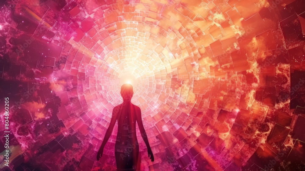 human form emitting intricate patterns of light - a mystical representation of inner vitality and otherworldly realms in the form of a stained glass illusion
human form emitting intricate patterns of light - a mystical representation of inner vitality and otherworldly realms in the form of a stained glass illusion
