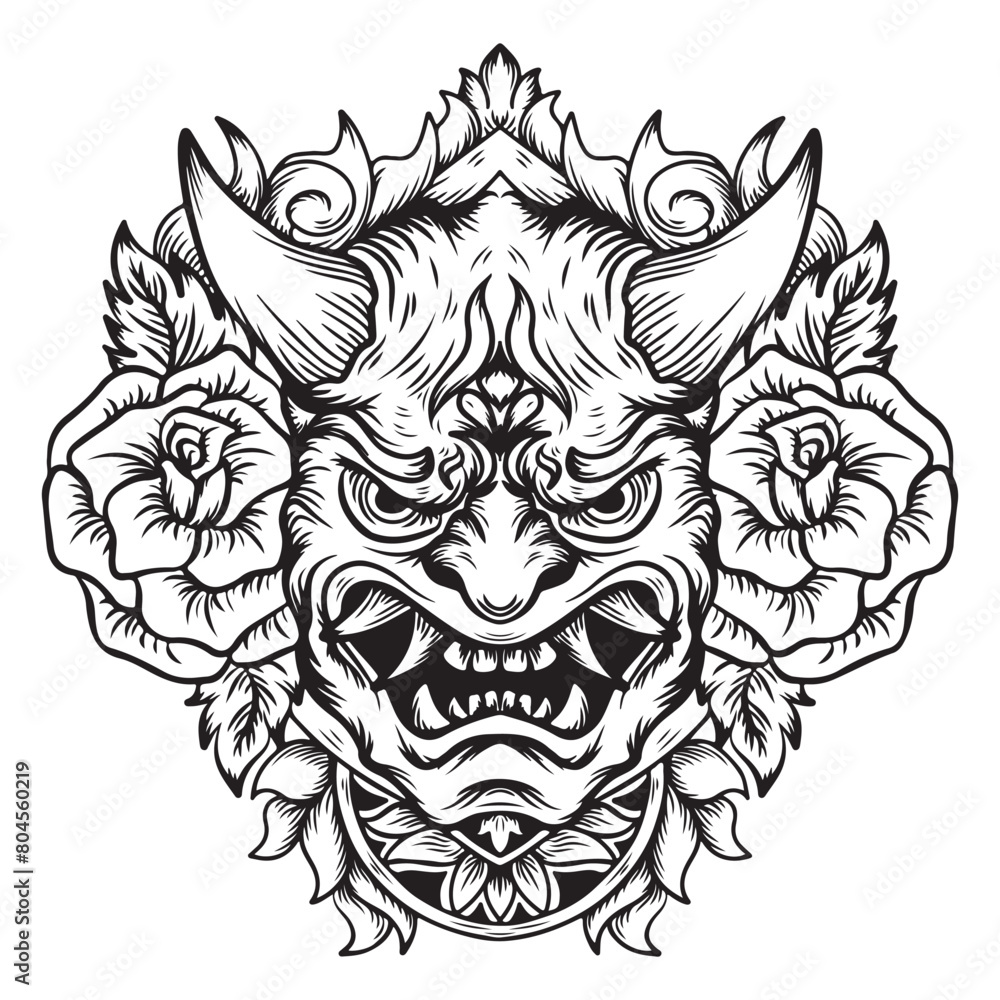 tattoo and t-shirt design black and white hand drawn onimask with flower engraving ornament vector tattoo and t-shirt design black and white hand drawn onimask with flower engraving ornament vector
