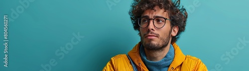 A young male with curly hair and glasses looks off to the side thoughtfully.