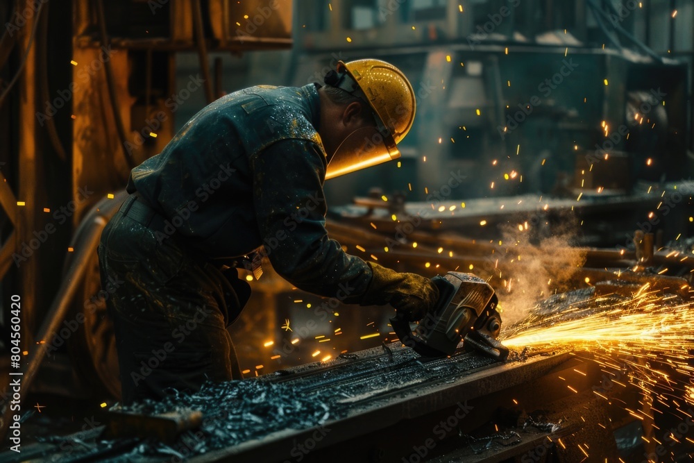 A man wearing a yellow helmet grinding metal. Suitable for industrial concepts A man wearing a yellow helmet grinding metal. Suitable for industrial concepts