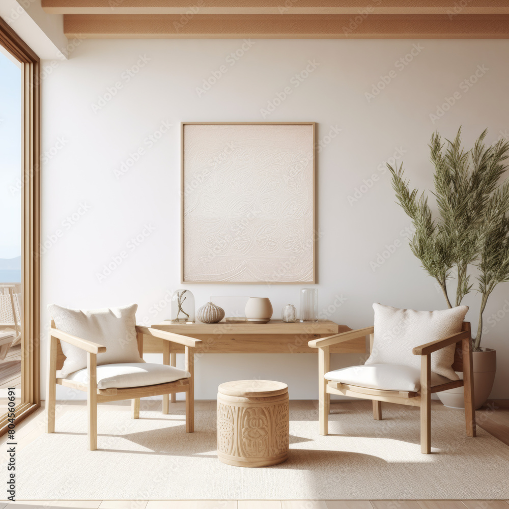 Fototapeta premium Blank canvas mockup at living room with two chair and table and some deco