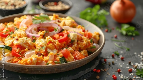 Nutritious breakfast option: Veggie scramble with red peppers, onions, and zucchini. Concept Healthy Breakfast, Veggie Scramble, Nutrition, Red Peppers, Onions, Zucchini © Ян Заболотний