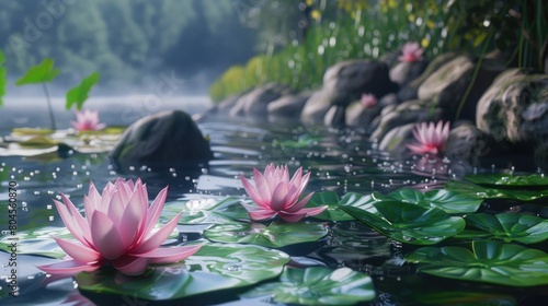 Beautiful water lilies floating on calm water. Ideal for nature and relaxation concepts