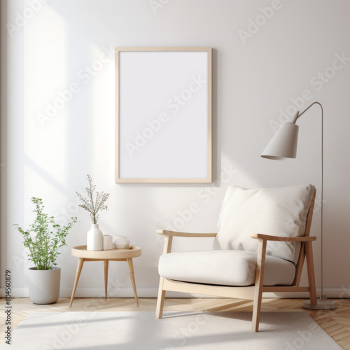 Canvas mockup on living room with chair and small table  © AIMockupGenerator