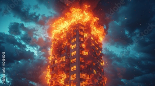 An apartment building is on fire. Orange flames engulf the windows, and smoke wafts in from the chimney. Modern illustration of an apartment building burning down. photo