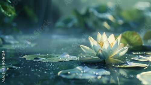A serene white water lily floating on a calm lake. Ideal for nature and relaxation concepts