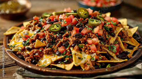 A platter of loaded nachos topped with melted cheese, seasoned ground beef, black beans, diced tomatoes, jalape?+/-os, and a drizzle of tangy salsa verde. photo