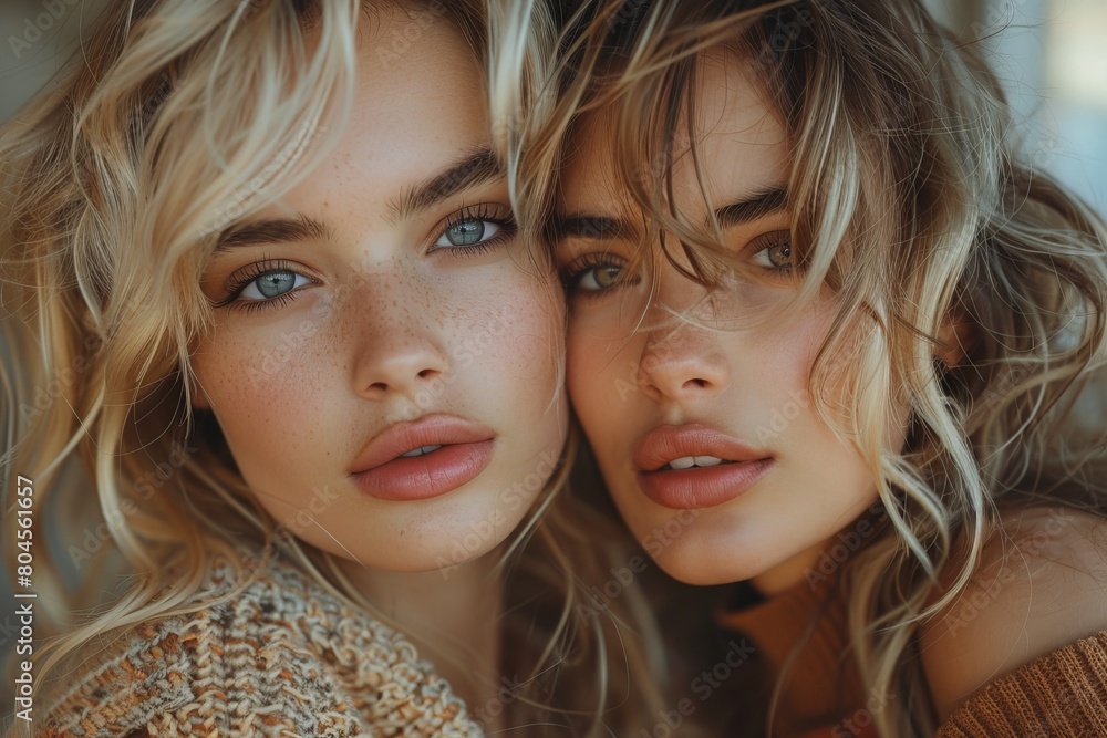 Intimate close-up shot of two stunning female models with striking features and natural makeup