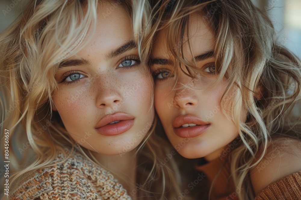 Intimate close-up shot of two stunning female models with striking features and natural makeup Intimate close-up shot of two stunning female models with striking features and natural makeup