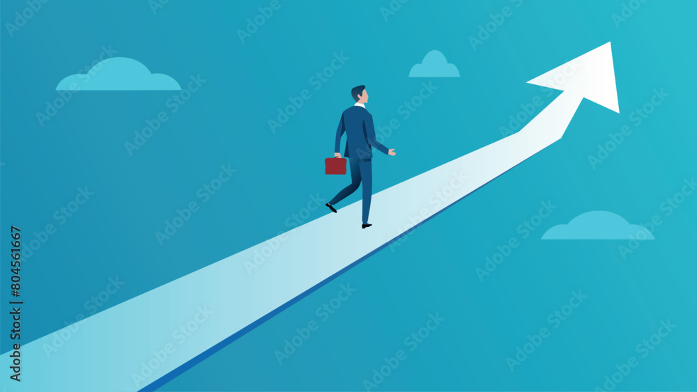 Growth goal and successful business strategy, Business man walk in success path flat vector illustration