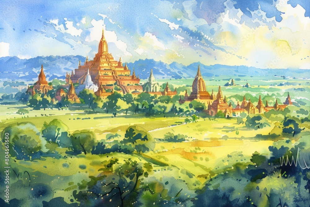 A beautiful watercolor painting of a landscape with a distant castle. Perfect for wall art or travel brochures