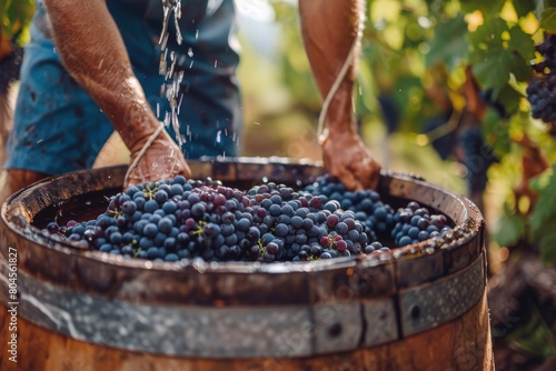 A man watering a barrel of grapes, perfect for wine-making photo