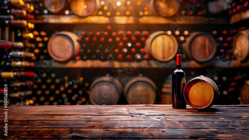 Vintage wine cellar ambiance with wooden table and barrels. Concept Wine Cellar Decor, Wooden Table Setting, Barrel Background, Vintage Ambiance photo
