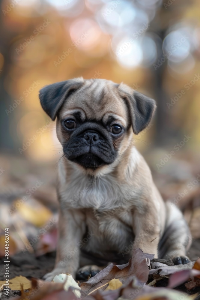 A small pug dog sitting on a pile of leaves. Suitable for pet and autumn themed designs A small pug dog sitting on a pile of leaves. Suitable for pet and autumn themed designs