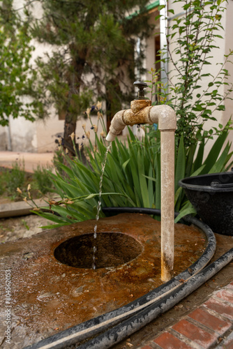 A rusty pipe is dripping water into a small bowl. The bowl is located in a garden with plants and trees. The scene has a rustic and natural feel to it