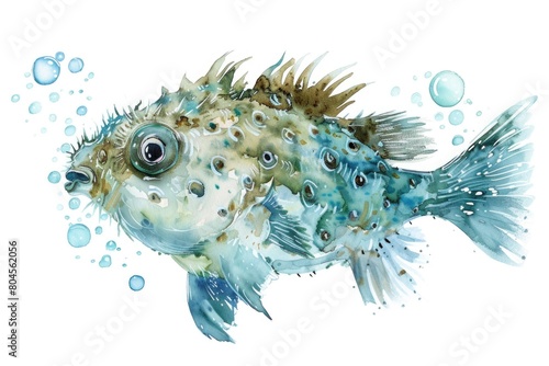 A beautiful watercolor painting of a puffer fish. Perfect for marine life enthusiasts photo