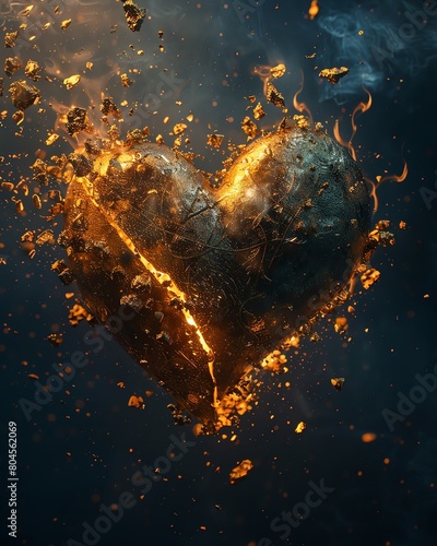 A dramatic portrayal of a heart breaking into golden fragments against a dark digital void