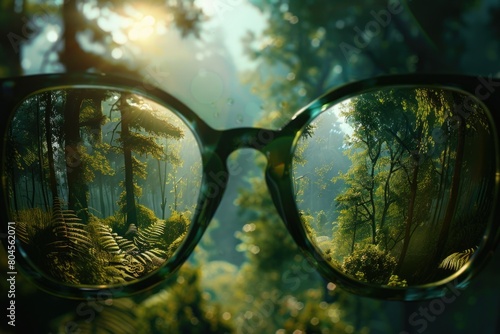 Sunglasses reflecting a serene forest scene. Perfect for nature lovers