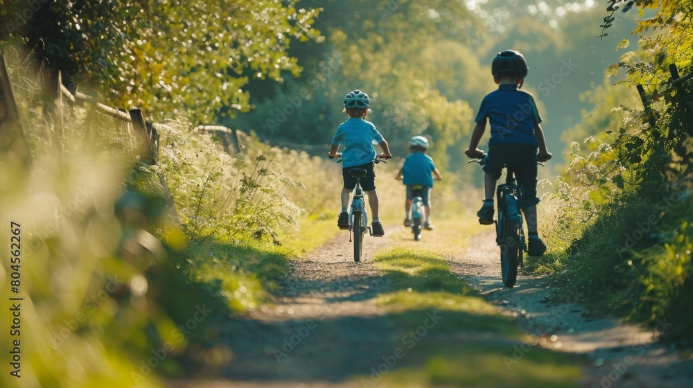 Three children wearing helmets ride their bikes down a sunlit forest path.