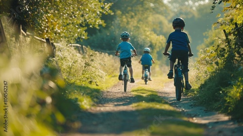 Fototapeta Naklejka Na Ścianę i Meble -  Three children wearing helmets ride their bikes down a sunlit forest path.