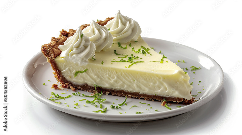 A refreshing slice of key lime pie topped with whipped cream and a twist of lime zest, the perfect balance of tart and sweet flavors in every bite.